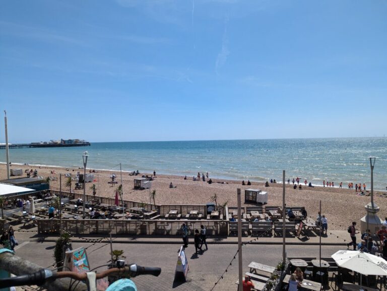 A view of the beach and sea at Brighton